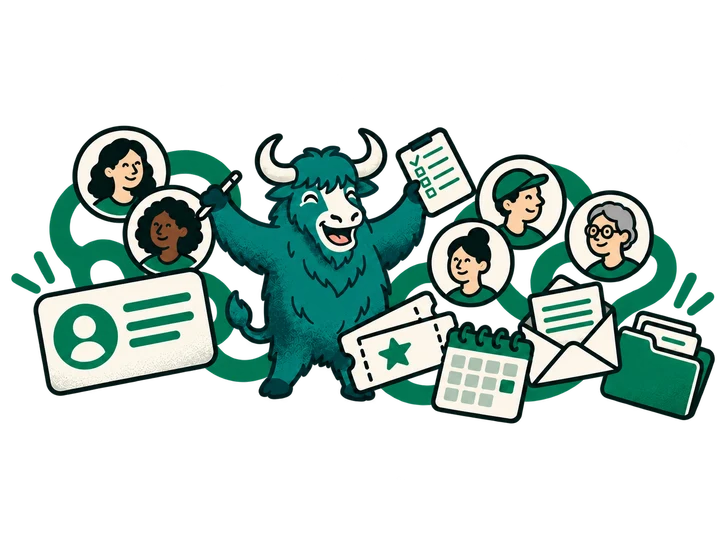 The fullhall yak with community members, connected to a membership card, event tickets, a calendar, email and shared files.