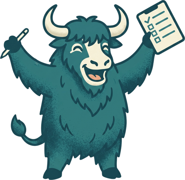 The fullhall yak, holding up a clipboard with every name ticked off